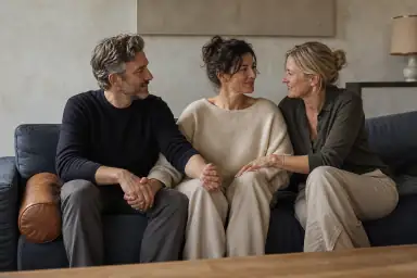 Tre midaldrende voksne sidder tæt i en sofa med gensidig øjenkontakt og hænder, der forbinder alle tre.