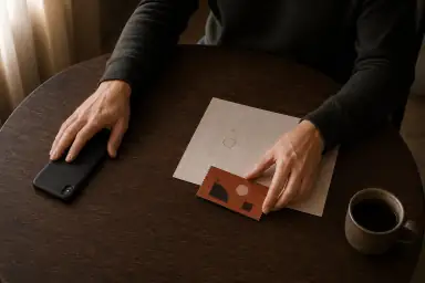 En voksen skubber en telefon med skærmen ned væk med den ene hånd og vælger med den anden en kalender og billet til et socialt arrangement.