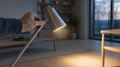 En voksen hånd drejer en enkel bordlampe mod en tom stol og viser tydelig, afgrænset ledelse af rummet.