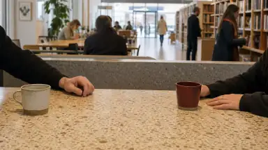 To voksne hænder mødes om hver sin kaffekop ved et cafébord uden at røre hinanden.