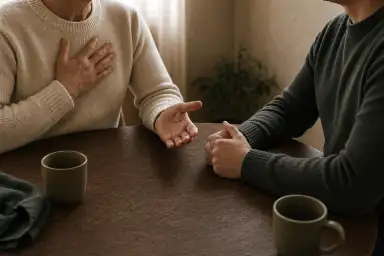 To midaldrende voksne taler ved et mørkt træbord; den ene holder en hånd mod brystet og en åben hånd frem, mens den anden lytter med rolig afstand.