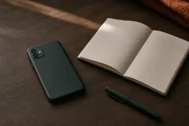 En telefon ligger med skærmen ned ved siden af en åben notesbog med ét punktum på et mørkt træbord.