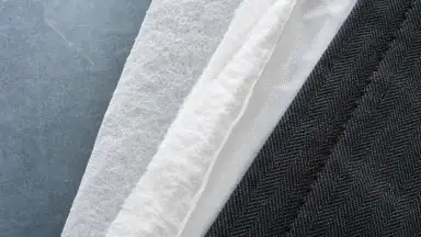 Et tæt udsnit af lagdelt hvidt teknisk tekstil mod mørkegrå voksenbeklædning viser sansning og materiale uden rollefigur.
