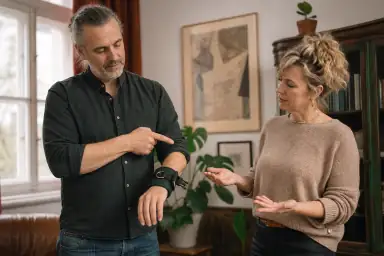 En løs naturfiberline danner en bred, uafsluttet kurve på en træflade, hvor materialets spænding og fri ende begge er tydelige.