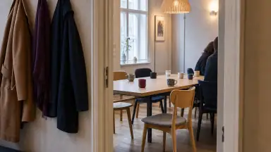 Et almindeligt cafébord efter ankomst: flere forskellige voksne frakker på stolerygge, kaffekopper og et frit sæde gør fællesskab og lav tærskel synligt uden at udstille deltagere.