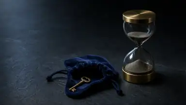 En lille nøgle ligger synligt oven på en åben fløjlspose ved siden af et timeglas, hvor sandet næsten står stille; forventning og midlertidighed uden device.