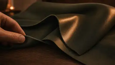Kalibreringsbilledet viser en enkelt sort latexhandske som skulpturel materialeflade i varmt nordisk lys; glans, fold og transformation uden seksualiseret krop.