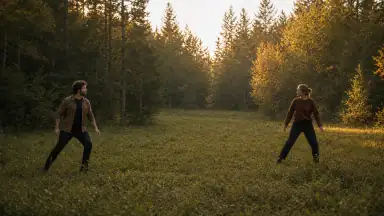 To fuldt påklædte voksne spejler intense, dynamiske stillinger på hver sin side af en åben skovlysning.