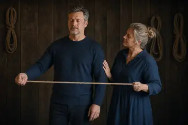 Et midaldrende par mærker spændingen i et jute-reb sammen, mens den ene holder en rolig hånd mod den andens overarm.