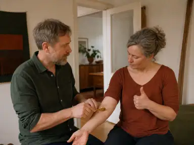 En voksen fører et lille sanshjul over sin partners intakte underarm, mens partneren giver tydeligt tommelfinger-op.