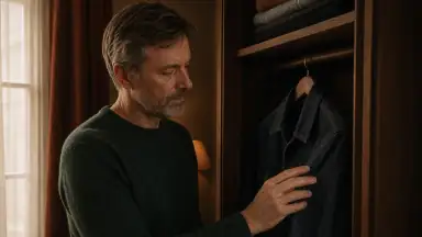 En midaldrende voksen ved en garderobe følger med blikket sin hånd, der mærker sømmen og tyngden i en mørk denimjakke.