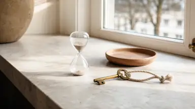 En blank aftalekortbrik, et lille timeglas og en nøgle ligger alle åbent tilgængelige på en lav bakke; første forsøg er kort, enkelt og devicefrit.