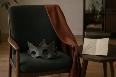 En mørk halvmaske og rustfarvet kappe ligger ved et åbent scenekort i et varmt, roligt rum.