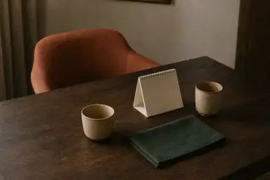 En tom rustfarvet stol står ved et mørkt træbord med to keramikkopper, en blank bordkalender og et foldet skovgrønt tekstil.