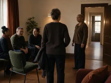 En voksen med frakke over armen står mellem en ledig grøn stol ved tre siddende voksne og en anden stående voksen, mens en fri passage fortsætter ud til højre.