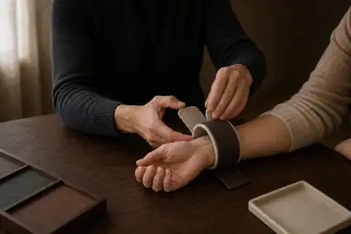 En voksen kontrollerer foring, kant, overlap og åbning på en løs polstret håndledsmanchet omkring en anden voksens underarm.