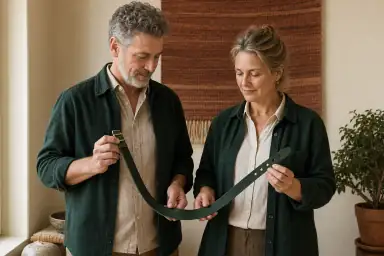 To voksne holder hver sin ende af et åbent grønt læderhalsbånd og undersøger sammen spænde og justeringshuller.