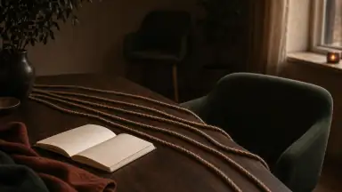 Løse naturreb løber mod en blank notesbog og to tomme stole og gør observation, læring og et forsvarligt første niveau synligt før praksis.