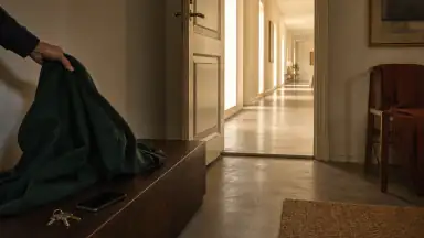 En åben dør mod en lys gang, en frakke og en telefon på et sidebord viser afstand, støtte og flere næste valg efter et stop, der ikke virkede.