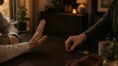 En voksen hånd holder tre matte farvebrikker, mens den anden viser et tydeligt åbent stoptegn med fri afstand mellem dem.