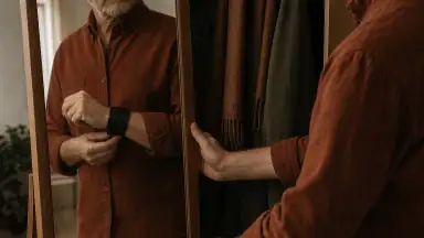 En voksen vurderer et diskret sort læderarmbånd på håndleddet foran et garderobespejl med tøjet synligt bagved.