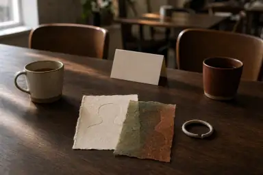 To anonyme profilportrætter på forskellige papirlag ligger ved en åben keramisk ring mellem to kaffekopper på et tomt cafébord.
