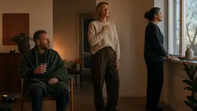 Tre voksne lander forskelligt efter en scene: én sidder med plaid og vand, én mærker efter med hånden på brystet, og én står ved vinduet.
