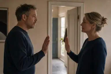 To midaldrende voksne står over for hinanden ved en åben dør og gentager det samme tydelige stophåndsignal.