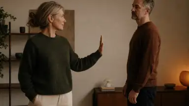 En voksen markerer en ny grænse med åben hånd, mens den anden står tilbage med sænkede hænder og god afstand.