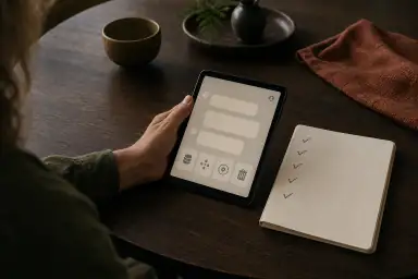En voksen holder en tablet med en abstrakt chat og privatlivssymboler ved siden af en notesbog med fem afkrydsninger.