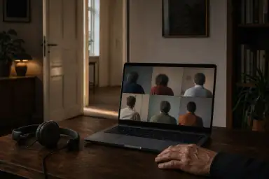 En moden voksen har hånden ved en bærbar computer med seks ansigtsløse mødefelter; høretelefoner ligger ved siden af, og døren står åben.