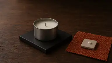 Et enkelt vokslegprodukt står slukket på en varmefast flise ved siden af én lille afkølet voksdråbe på en separat materialeprøve.