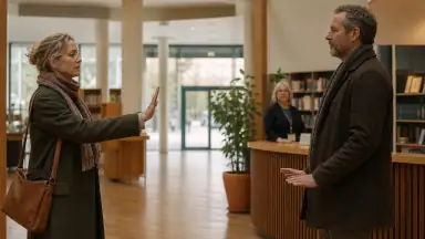 I en bemandet biblioteksfoyer markerer en voksen afstand med åben hånd, mens den anden standser med sænkede åbne hænder.